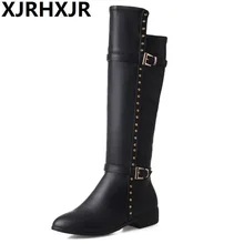 Г. Новые осенне-зимние женские ботинки на низком каблуке модная теплая обувь до колена с острым носком женские повседневные мотоциклетные ботинки черного цвета