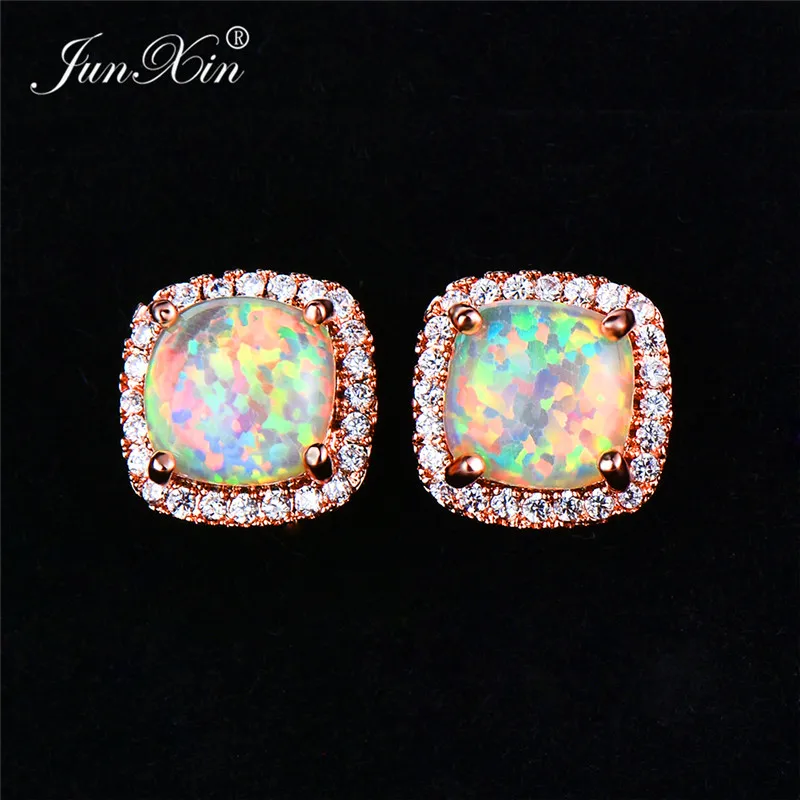Boho Women Ladies White Fire Opal Earrings 18KT Rose Gold Filled Jewelry Vintage Double Zircon Wedding Stud Earrings