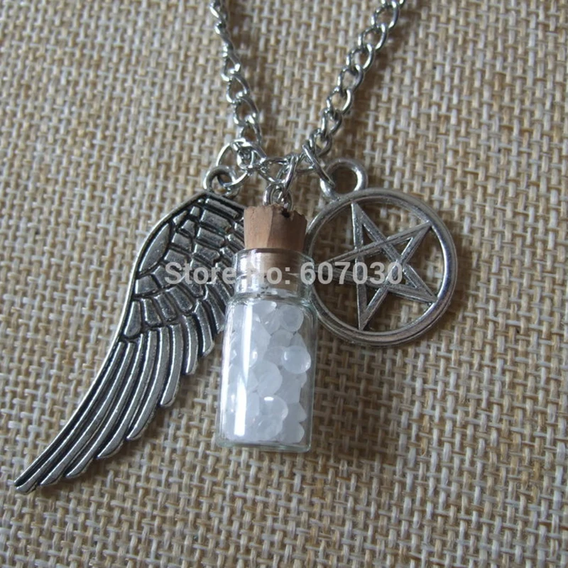

1pcs SUPERNATURAL Protection Necklace Angel Wing Pentagram Rock Salt Bottle Pendant Necklace