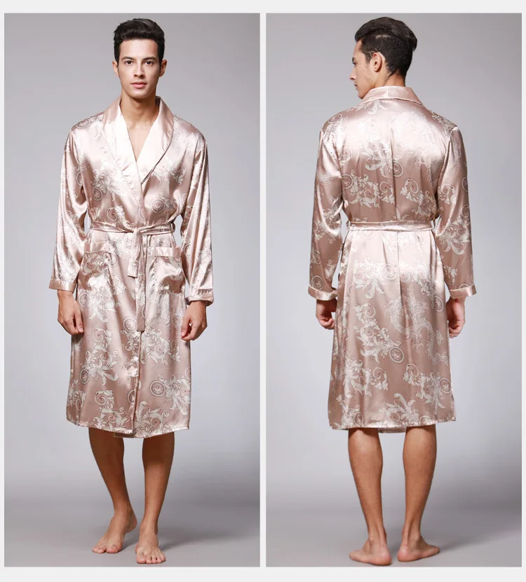 SSH0127 весенне-осенние мужские халаты с принтом, мужские пижамы с длинными рукавами, одежда для сна, атласный шелковый халат, пижама с поясом, мужской Халат