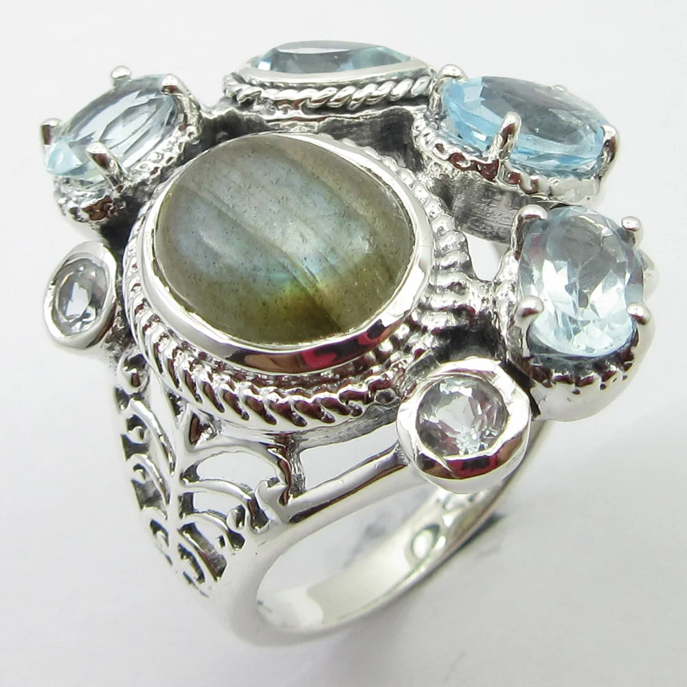 

Solid Silver Cheapest Shipping Labradorite, Blue Topazs Ring Size 6 Unique Designed