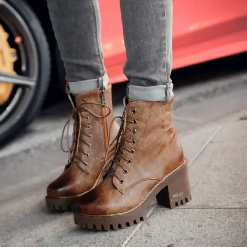 Women's Retro Lace Up Shoes Chunky High Heel Zip Round Toe Platform Ankle Combat Boots L05