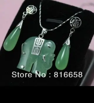 

FREE SHIPPING>green jade elephant Jewellery necklace/Pendant earring Set Natural jewelry