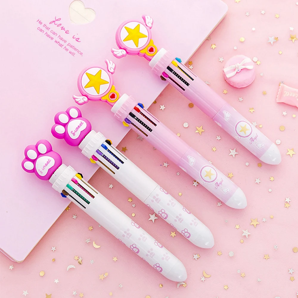 Cartoon-pink-paw-10-in-1-multi-colored-ballpoint-pen-push-type-pen-stationery-canetas-material (3)