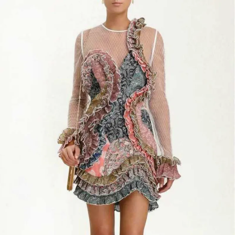 

New Chic Women's Luxury Design Dress Pleated Ruffles Irregular Mesh Perspective Mini Dresses Feminine Printed Vintage Vestidos