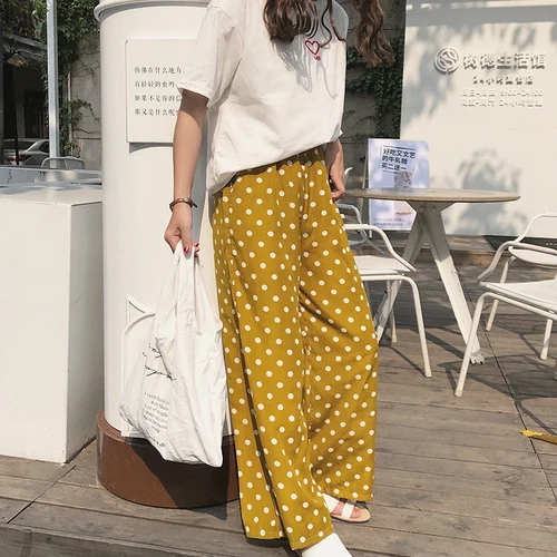 white polka dot trousers