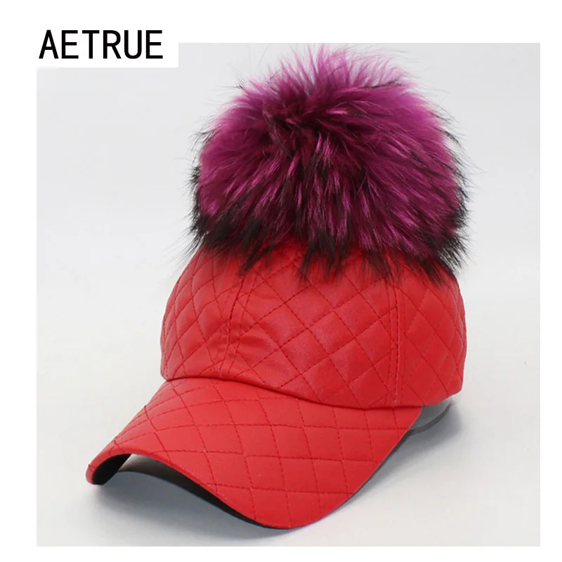 

Fashion Women Caps PU Leather Baseball Cap Snapback Brand Bone Fur Ball Warm Winter Hats For Women Gorras Ball Plain Winter Hat