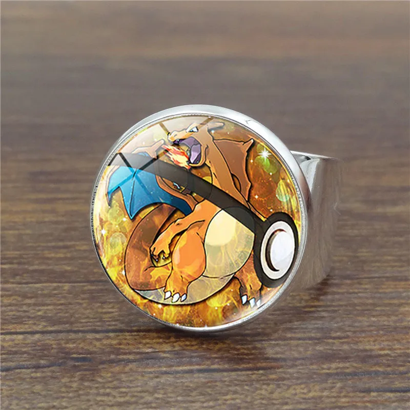Регулируемое кольцо Pokemon с покеболом посеребренным стеклом кабошоном Пикачу для