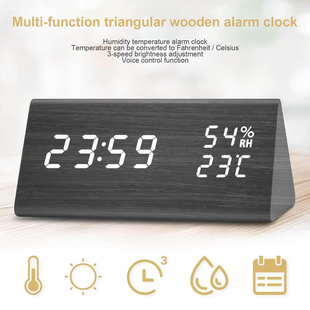 

Digital Alarm Clock Wooden LED Display Desk Dual Power Supply Temperature Humidity Detect Hogard FE28