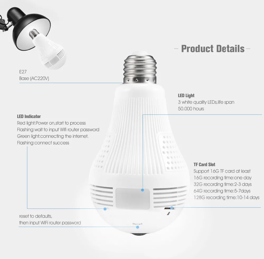  360 Degree LED Light 960P Wireless Panoramic Home Security Security WiFi CCTV Fisheye Bulb Lamp IP  - 33042013747