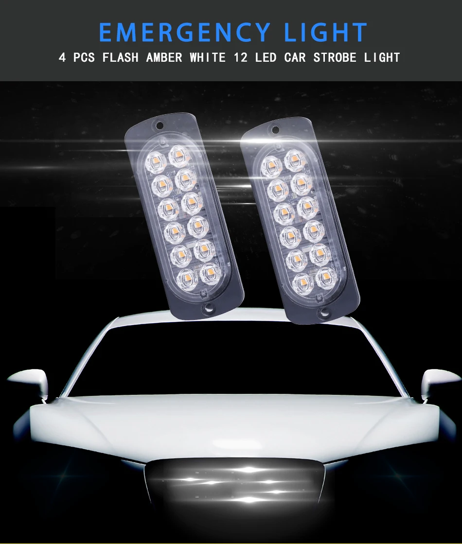 Best 4pcs Car Styling 12 LED Car Truck Flash Emergency Led strobe light Yellow Amber White Flasher Police warning light Day Running 1