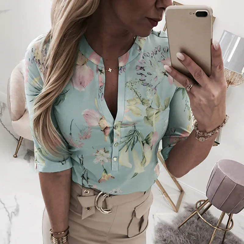 

Women Half Sleeve V-neck Shirts Casual Floral Blouse Plus Size Summer Tops Office Shirts