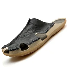 Большие размеры 45-48, мужские кожаные сандалии летние дышащие пляжные сандалии для мужчин, Массажная прогулочная обувь без шнуровки