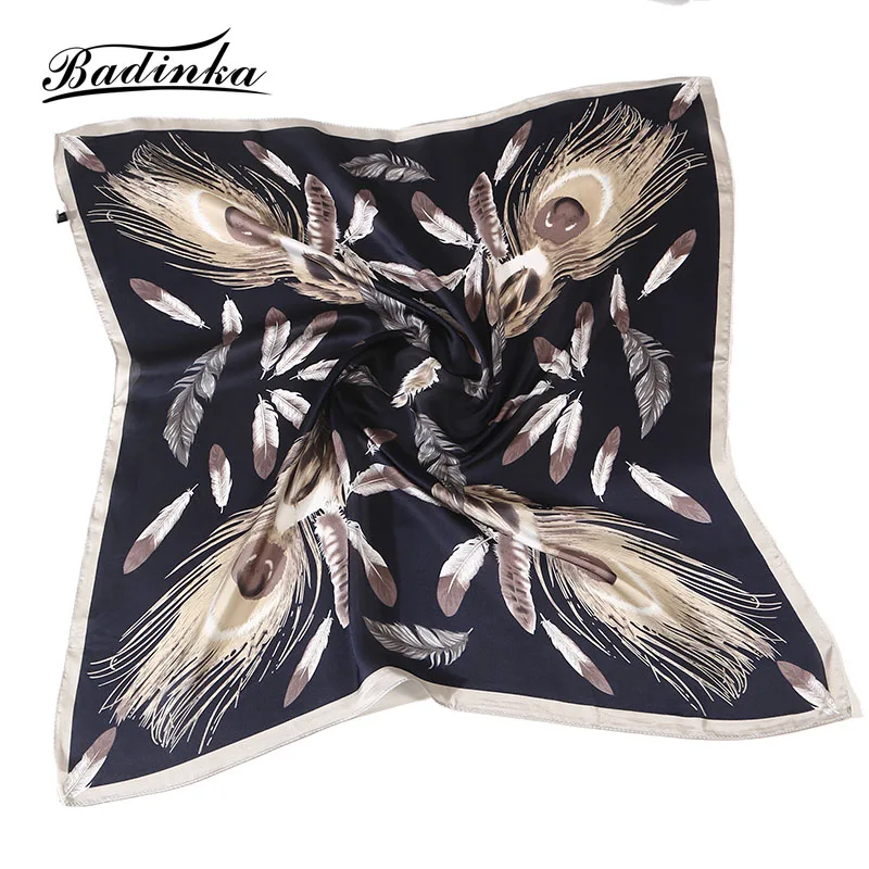 

Badinka 2019 New Summer 70*70cm Feather Printed Twill Silk Square Scarf Neckerchief Women Bag Handbag Decoration Scarves Foulard