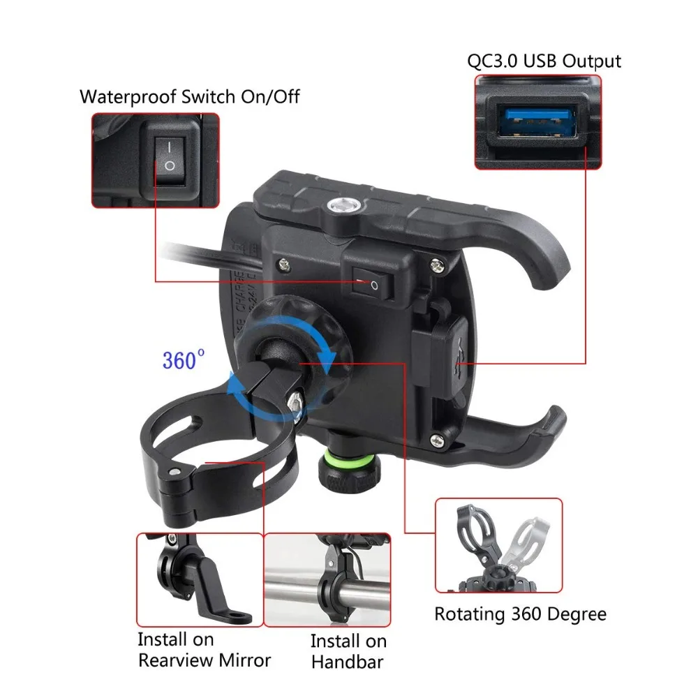 Aileap Universal Motorcycle Phone Mount Aluminum Bike Phone Holder Integrated with QC 3.0 Super Quick Charge USB Power Socket Aileap Universal Motorcycle Phone Mount Aluminum Bike Phone Holder Integrated with QC 3.0 Super Quick Charge USB Power Socket