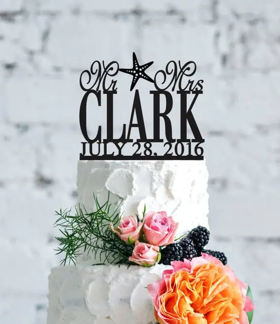 Destination Last Name With Starfish Wedding Cake Toppers With Date