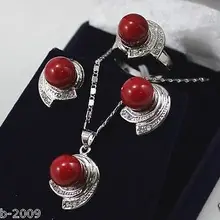 Бесплатные доставить Дворянства Лаки Женщины Элегантный 10 мм Coral Red Южной море Перлы Раковины 18KGP Серьги Кольца Ожерелья Набор Серебро крюк