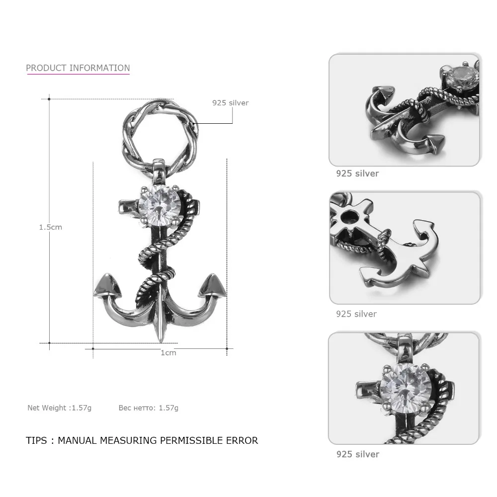 e-Manco 925 Sterling Silver Gothic Corsair Zircon Pendants Wholesale Cross Anchor Necklaces New Arrival Gifts