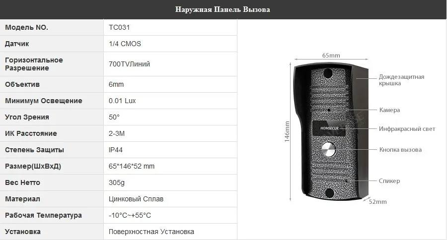 HOMSECUR " проводной телефон Видеодомофон Система с металлическим корпусом: TC031+ TM704-W