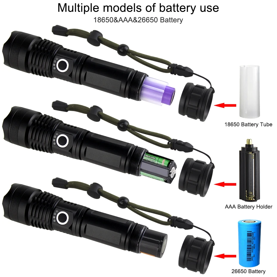 Портативный мощный светодиодный светильник-вспышка XHP50.2, светодиодный фонарь с зумом, светильник-вспышка 18650, перезаряжаемый аккумулятор, ручной светильник, водонепроницаемый для охоты