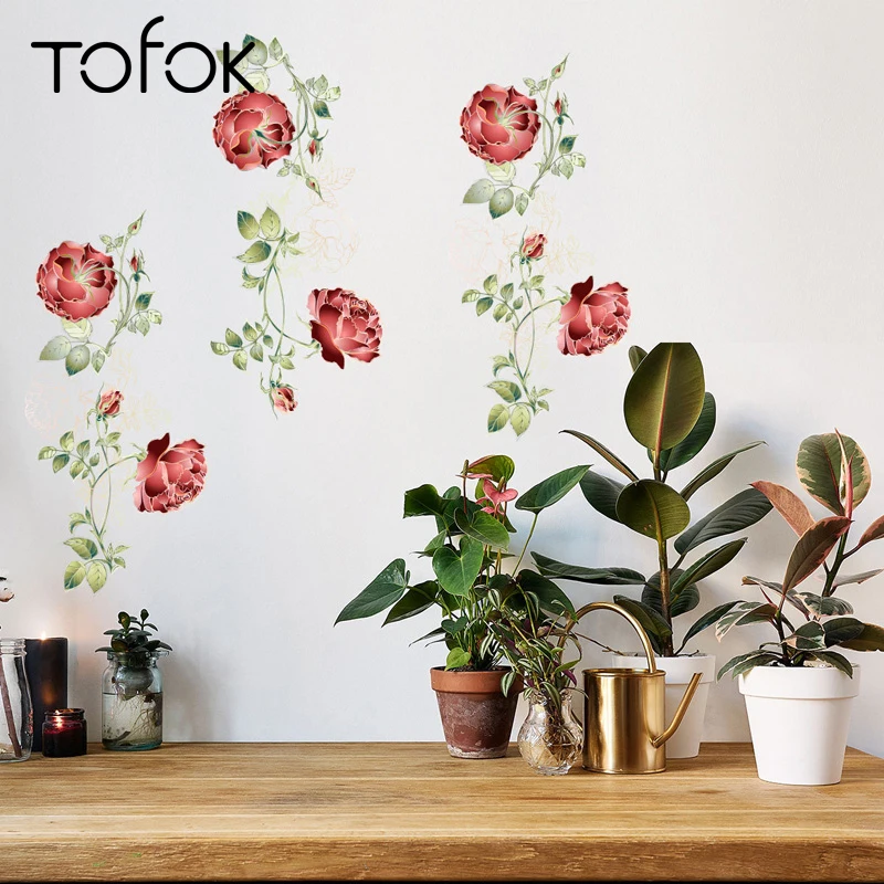 

Tofok Red Rose Vine Leaves Wall Sticker Self-adhesive Cabinet Fridge Closet Decor Sticker Home Bedroom TV Sofa Background Poster