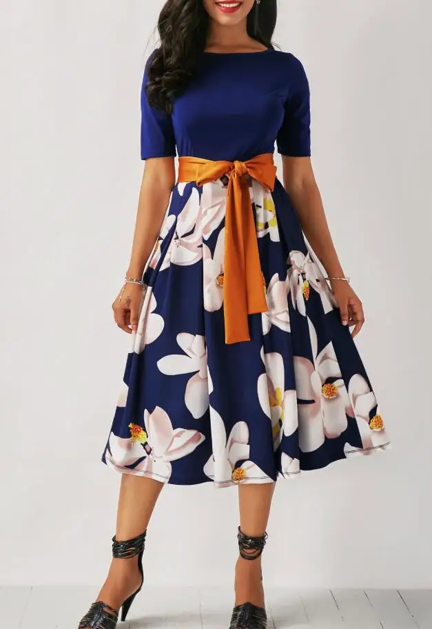 Плюс размер 5xl женское платье с коротким рукавом в стиле пэчворк с принтом Свинг платье с поясом sukienka плюс размер платья для женщин 4xl 5xl 6xl платья - Цвет: Синий