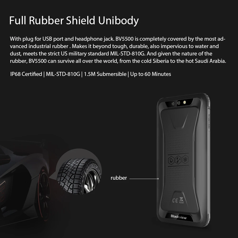 Blackview BV5500 IP68 Водонепроницаемый прочный смартфон 2 ГБ + 16 Гб 5 &quot18:9 Экран 4400 мА/ч MT6580P