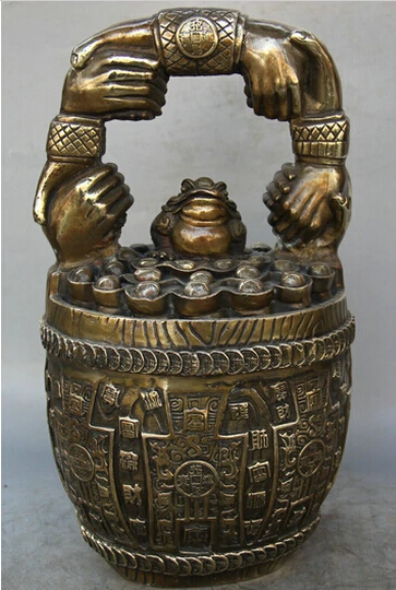 

B0601 51714" Chinese Copper Wealth Golden Toad Spittor treasure bowl bucket barrel keg statue