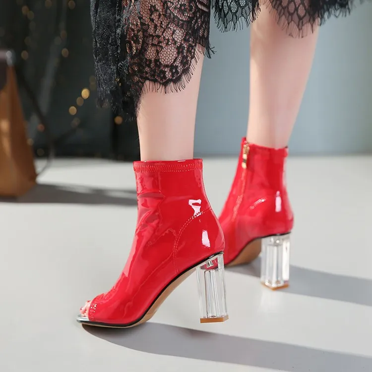 PXELENA Patent Leather Women Summer Autumn Boots 2019 Peep Toe Chunky Crystal High Heels Rome Gladiator Ankle Shoes 34-43 | Обувь