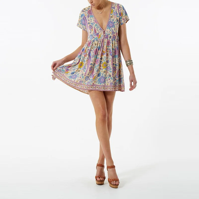 

Boho Vintage Birds Floral Print Mini Dress Women 2018 New Fashion V-Neck Short Sleeve Summer Beach Dresses Casual Vestidos Mujer