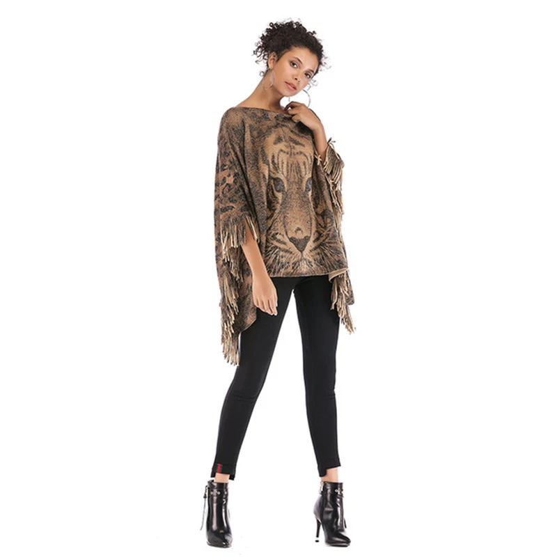 Sweater Women Winter New Tassel Long Section Printed Sweater Coat Loose Bat Sleeve Sweater Shawl O-neck Women Clothes Jumper Sweater Women Winter New Tassel Long Section Printed Sweater Coat Loose Bat Sleeve Sweater Shawl O-neck Women Clothes Jumper