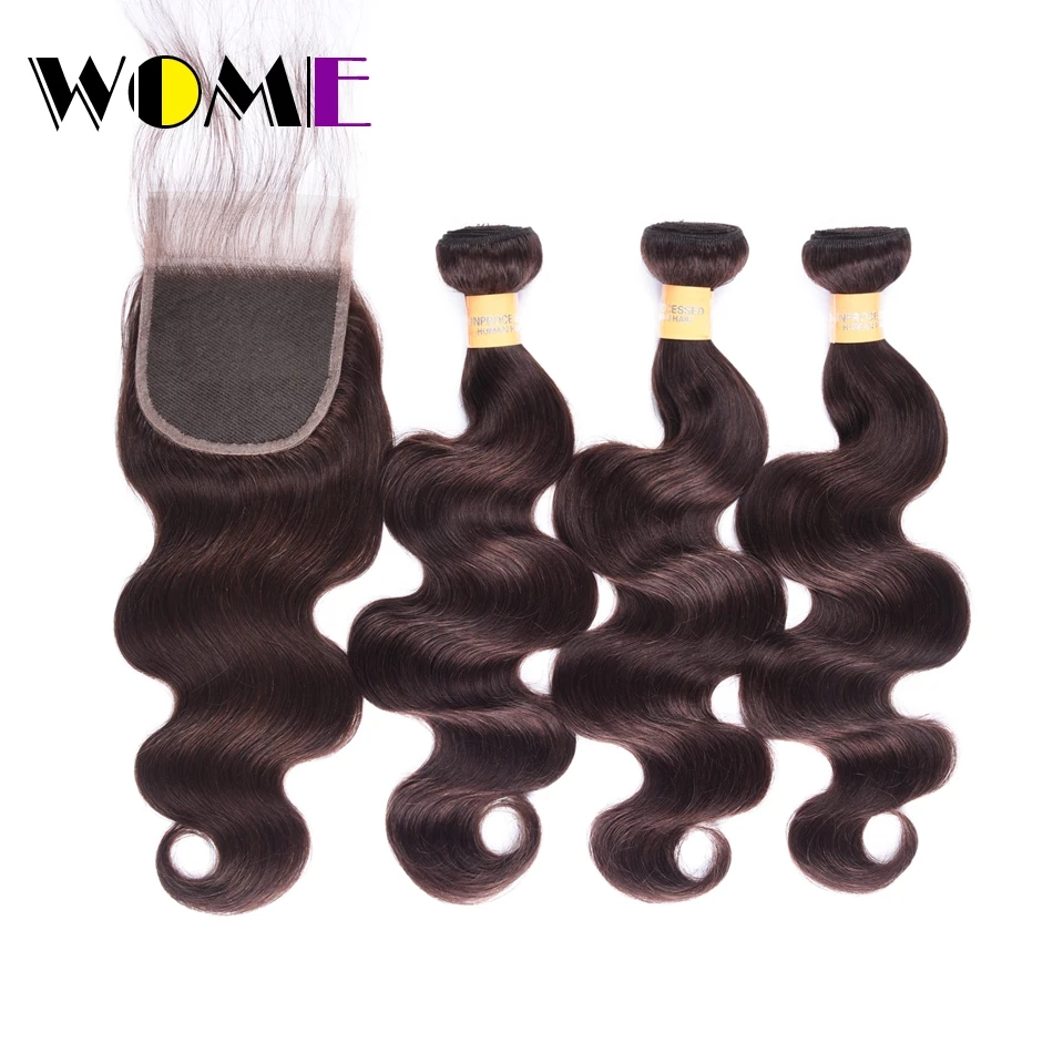 WOME HAIR Pre -colored Malaysian 4 Bundles With Closure 2# Color Non Remy Body Wave Bundles With Closure Hair 4*4 Free Part WOME HAIR Pre -colored Malaysian 4 Bundles With Closure 2# Color Non Remy Body Wave Bundles With Closure Hair 4*4 Free Part