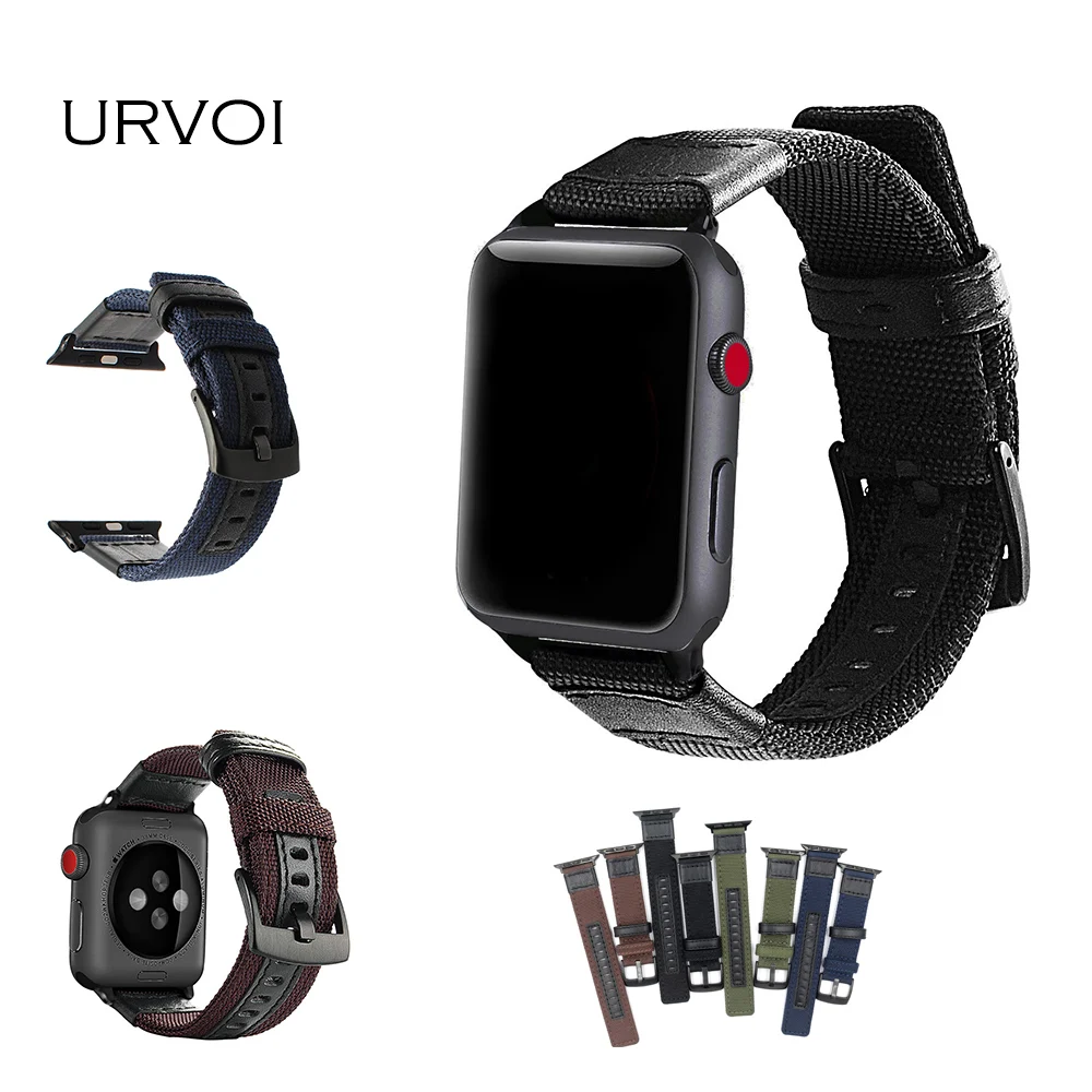 

URVOI strap for apple watch series 4 3 2 1 durable canvas band for iwatch outdoor feel with genuine leather modern design