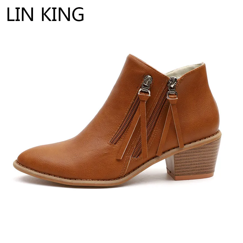 

LIN KING Big Size 43 Vintage Women Western Boots Tassel Zipper Ankle Boots Pointed Toe Short Botas Spring Autumn Short Boots