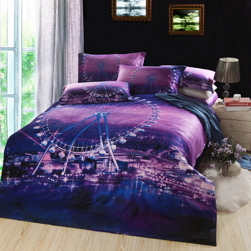 3D Ferris Wheel Design Bedding Set Purple Color Bed Linens ...