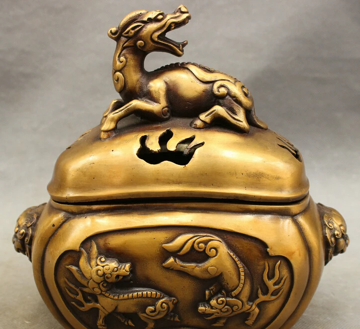

JP S0114 8" Chinese Bronze Buddhism Dragon Unicorn Statue Lion PiXiu Box Incense Burner B0403