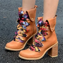 New Vintage Women Ankle Boots Genuine Leather Hollow Out Booties Autumn Lace Up Botas Militares Square High Heel Botines Mujer