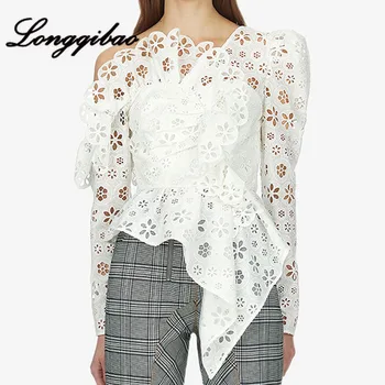

Women Tops Spring and Autumn New Sexy Fashion Off-the-shoulder Openwork Shirt Long Sleeve Asymmetric Hem Women Blouses