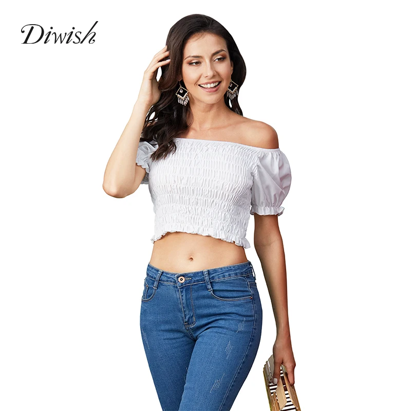 

Diwish Short White Tank Top Casual Solid Knitted Sexy Summer Top Polyester Off Shoulder Backless Summer Tops for Women 2019
