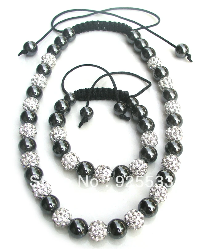 

Free shipping women 1pcs necklace and 1pcs bracelet white shamballa balls & hematite beads adjustable jewelry set