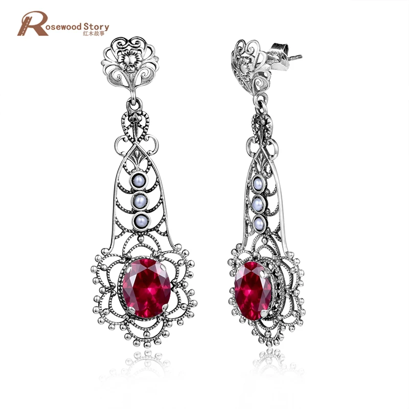 Women's Vintage 925 Sterling Silver Natrual Pearl Earrings Red CZ Rhinestone Austrian Crystals Dangle Earrings Fine Jewelry