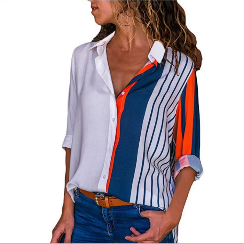 

Plus Size Women Blouses Long Sleeve Turn Down Collar Shirt Chiffon Blouse Casual Womens Tops and Blouses Striped Shein 5XL