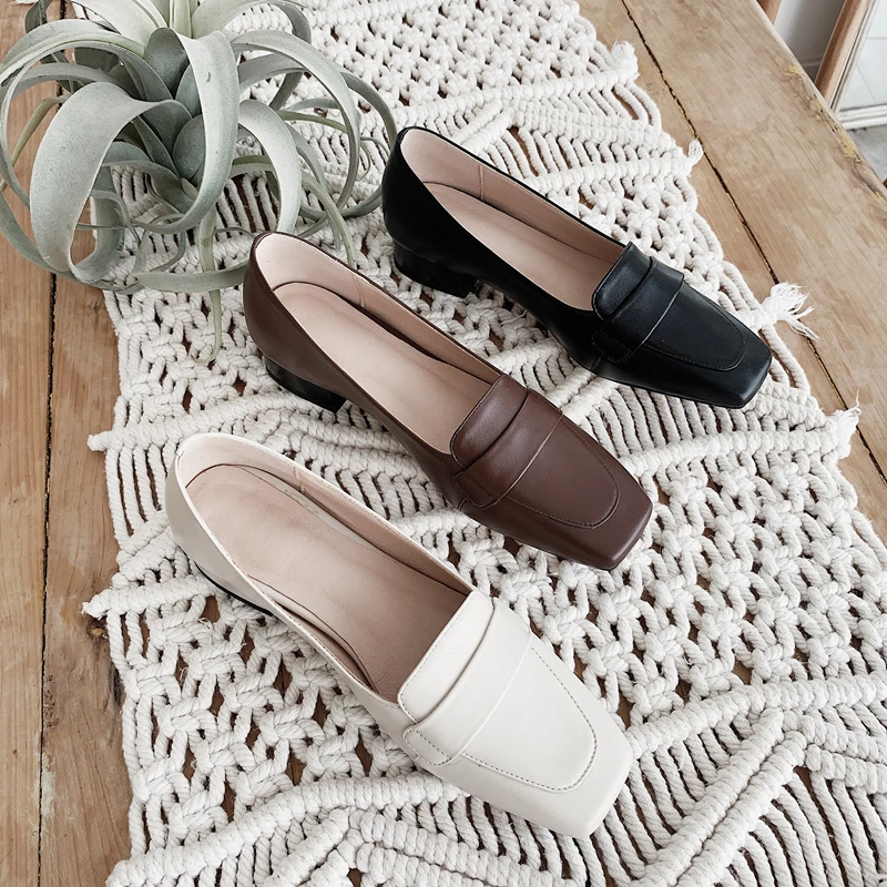 WETKISS Brown Flat Loafers New Retro Square Head Loafers Fashion Casual Female Shoes Autumn Genuine Leather Women Flats Shoes