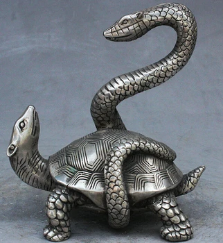 

wan Tibet copper silver 6" Chinese Silver Auspicious Animal Turtle Tortoise Snake Xuanwu Statue Figurine