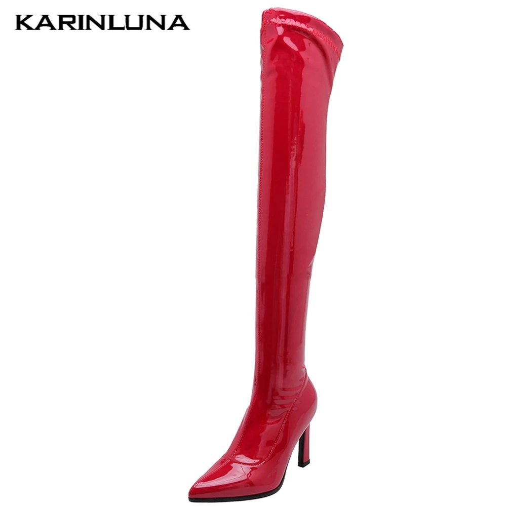 

Karinluna Over The Knee Boots Woman Patent PU Stretch Boots High Heels Autumn Winter Women Shoes Female Long Boots Plus Size 43