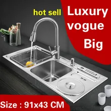 Квартира большой роскошный двойной кухонный паз раковина Многофункциональный прочный 304 нержавеющая сталь Горячая 910x430 мм