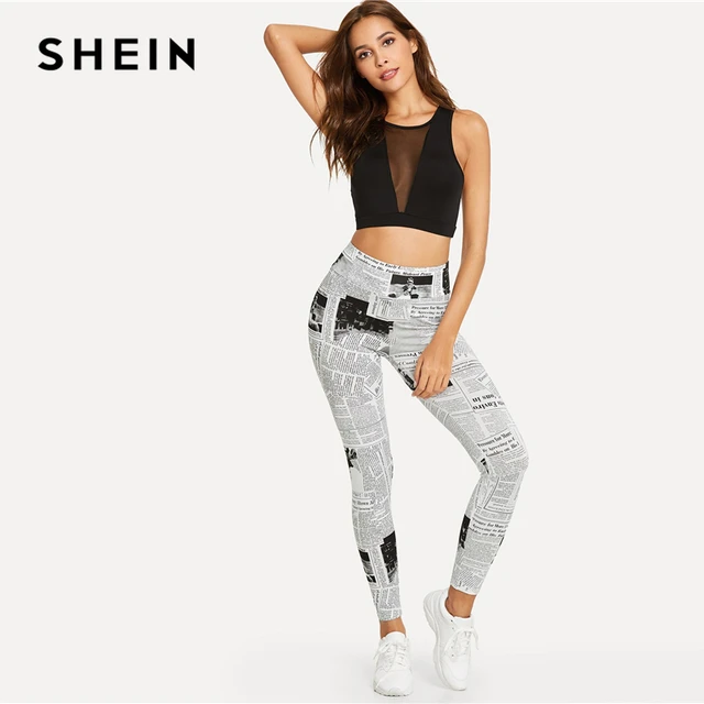 SHEIN Black And White Highstreet Newspaper Letter Print Streetwear Leggings 2018 Summer Women Sexy Casual Trousers Bottoms Women's Women's Clothing