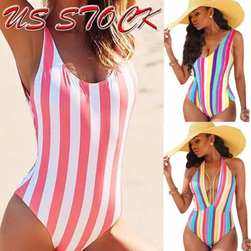 

Sexy Women One Piece Swimsuit Swimwear Bathing Monokini Push Up Bikini Rainbow Stripes One-Piece Suits