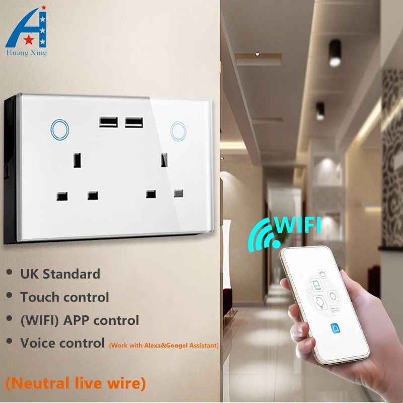 UK 146 Type 15A Square plug sockets with Double 2.0 USB plug Smart WIFI touch control socket,compatible alexa,google assistant