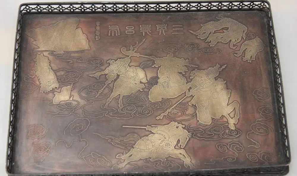 

China Royal Old Bronze Copper Three Kingdoms Liubei Guanyu Lv Bu Dish Plate Tray